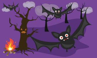 Halloween Contexte vecteur illustration avec démon chauve souris, effrayant arbre, en volant Feu à nuit. en volant effrayant chauve souris agrafe art. plat vecteur dans dessin animé style isolé sur blanc Contexte.
