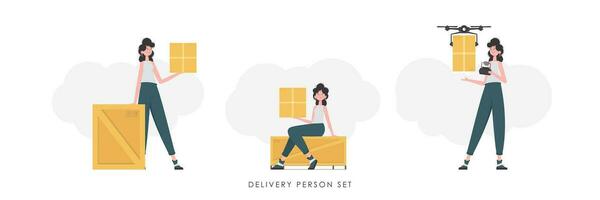 ensemble de une fille avec une boîte et une colis. le concept de cargaison livraison. branché style. vecteur illustration.