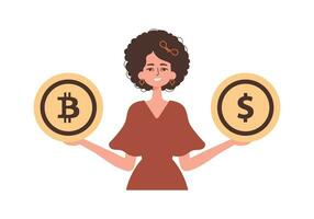 une femme détient dans sa mains une bitcoin et une dollar dans le forme de pièces de monnaie. personnage avec une moderne style. vecteur