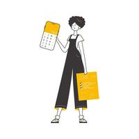 le fille est en portant une calculatrice et une impôt forme dans sa mains. lineart branché style. isolé. vecteur illustration.