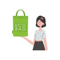 une femme détient un éco sac dans sa mains. le concept de écologie et se soucier pour le environnement. isolé. mode tendance illustration dans vecteur. vecteur