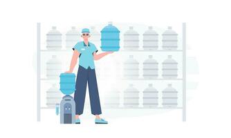 l'eau livraison concept. le homme est en portant une grand l'eau bouteille. le personnage est représenté dans plein croissance. vecteur. vecteur