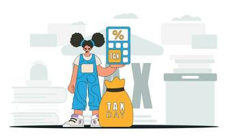 une à la mode femme détient une calculatrice dans sa main graphique illustration sur le thème de impôt Paiements. vecteur