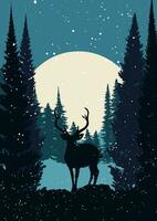 Noël carte avec neigeux paysage et cerf silhouette vecteur