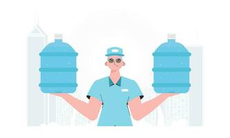 une homme est en portant une bouteille de l'eau. livraison concept. le branché personnage est montré à le taille. vecteur. vecteur