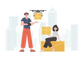 livraison thème. le quadcopter est transportant le colis. homme et femme avec papier carton des boites. vecteur. vecteur