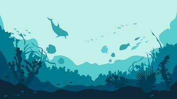 mer bas flore et faune, fond marin monde vecteur Contexte. dauphin silhouette, algue et récif, poisson école sur sous-marin paysage.