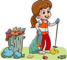 des gamins nettoyer en haut jardin ou parc de ordures, bénévoles collecte Plastique bouteilles et canettes vecteur