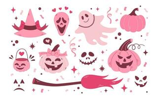 Barbie coeur Halloween ensemble. dessin animé rose vecteur Icônes. citrouille, esprit, chapeau, citrouille, jack lanterne, balai. les filles rose coeur style. Halloween illustration collection.