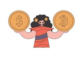 femme en portant bitcoin et dollar pièce de monnaie. personnage branché rétro style. vecteur