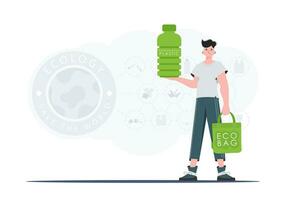 le concept de écologie et se soucier pour le environnement. une homme détient une bouteille fabriqué de biodégradable Plastique dans le sien mains. tendance style.vecteur illustration. vecteur