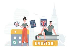 le concept de apprentissage Anglais. femme et homme Anglais enseignants. branché dessin animé style. vecteur. vecteur