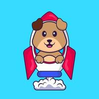 chien mignon volant sur fusée. concept de dessin animé animal isolé. peut être utilisé pour un t-shirt, une carte de voeux, une carte d'invitation ou une mascotte. style cartoon plat vecteur