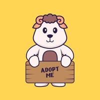 moutons mignons tenant une affiche adoptez-moi. concept de dessin animé animal isolé. peut être utilisé pour un t-shirt, une carte de voeux, une carte d'invitation ou une mascotte. style cartoon plat vecteur