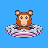 singe mignon conduisant un vaisseau spatial ufo. concept de dessin animé animal isolé. peut être utilisé pour un t-shirt, une carte de voeux, une carte d'invitation ou une mascotte. style cartoon plat vecteur