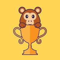 singe mignon avec trophée d'or. concept de dessin animé animal isolé. peut être utilisé pour un t-shirt, une carte de voeux, une carte d'invitation ou une mascotte. style cartoon plat vecteur