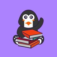 pingouin mignon lisant un livre. concept de dessin animé animal isolé. peut être utilisé pour un t-shirt, une carte de voeux, une carte d'invitation ou une mascotte. style cartoon plat vecteur