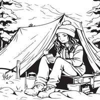 coloration page représentant une fille Faire hiver camping vecteur