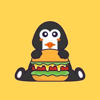 pingouin mignon mangeant un hamburger. concept de dessin animé animal isolé. peut être utilisé pour un t-shirt, une carte de voeux, une carte d'invitation ou une mascotte. style cartoon plat vecteur