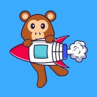 singe mignon volant sur une fusée. concept de dessin animé animal isolé. peut être utilisé pour un t-shirt, une carte de voeux, une carte d'invitation ou une mascotte. style cartoon plat vecteur