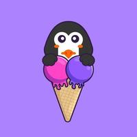 pingouin mignon avec de la crème glacée sucrée. concept de dessin animé animal isolé. peut être utilisé pour un t-shirt, une carte de voeux, une carte d'invitation ou une mascotte. style cartoon plat vecteur