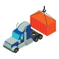 cargaison Assurance icône isométrique vecteur. gros un camion et rouge cargaison récipient icône vecteur