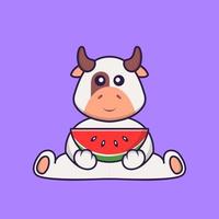 vache mignonne mangeant de la pastèque. concept de dessin animé animal isolé. peut être utilisé pour un t-shirt, une carte de voeux, une carte d'invitation ou une mascotte. style cartoon plat vecteur