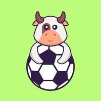 vache mignonne jouant au football. concept de dessin animé animal isolé. peut être utilisé pour un t-shirt, une carte de voeux, une carte d'invitation ou une mascotte. style cartoon plat vecteur