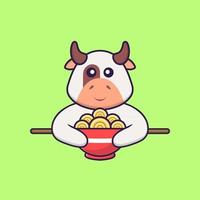 vache mignonne mangeant des nouilles ramen. concept de dessin animé animal isolé. peut être utilisé pour un t-shirt, une carte de voeux, une carte d'invitation ou une mascotte. style cartoon plat vecteur