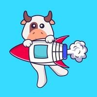 jolie vache volant sur une fusée. concept de dessin animé animal isolé. peut être utilisé pour un t-shirt, une carte de voeux, une carte d'invitation ou une mascotte. style cartoon plat vecteur