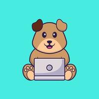 chien mignon utilisant un ordinateur portable. concept de dessin animé animal isolé. peut être utilisé pour un t-shirt, une carte de voeux, une carte d'invitation ou une mascotte. style cartoon plat vecteur