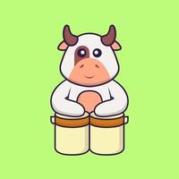 vache mignonne joue de la batterie. concept de dessin animé animal isolé. peut être utilisé pour un t-shirt, une carte de voeux, une carte d'invitation ou une mascotte. style cartoon plat vecteur