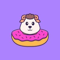 mouton mignon avec un beignet sur son cou. concept de dessin animé animal isolé. peut être utilisé pour un t-shirt, une carte de voeux, une carte d'invitation ou une mascotte. style cartoon plat vecteur