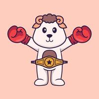 mouton mignon en costume de boxeur avec ceinture de champion. concept de dessin animé animal isolé. peut être utilisé pour un t-shirt, une carte de voeux, une carte d'invitation ou une mascotte. style cartoon plat vecteur