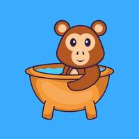 singe mignon prenant un bain dans la baignoire. concept de dessin animé animal isolé. peut être utilisé pour un t-shirt, une carte de voeux, une carte d'invitation ou une mascotte. style cartoon plat vecteur