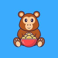 singe mignon mangeant des nouilles ramen. concept de dessin animé animal isolé. peut être utilisé pour un t-shirt, une carte de voeux, une carte d'invitation ou une mascotte. style cartoon plat vecteur