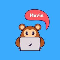 singe mignon regarde un film. concept de dessin animé animal isolé. peut être utilisé pour un t-shirt, une carte de voeux, une carte d'invitation ou une mascotte. style cartoon plat vecteur