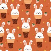 sans couture modèle dessin animé lapin la glace crème et fraise dans marron Contexte. mignonne animal personnage fond d'écran pour enfants, textile vecteur