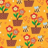 sans couture modèle chat fleur pot et abeille dans Jaune arrière-plan, mignonne animal fond d'écran pour textile, cadeau emballage papier vecteur