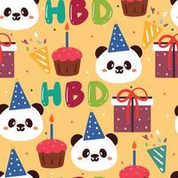 sans couture modèle dessin animé anniversaire fête avec Panda, petit gâteau et cadeau. mignonne anniversaire fond d'écran pour enfants, carte, cadeau emballage papier vecteur