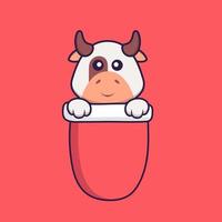 vache mignonne dans la poche rouge. concept de dessin animé animal isolé. peut être utilisé pour un t-shirt, une carte de voeux, une carte d'invitation ou une mascotte. style cartoon plat vecteur