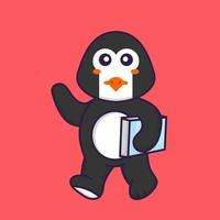 pingouin mignon tenant un livre. concept de dessin animé animal isolé. peut être utilisé pour un t-shirt, une carte de voeux, une carte d'invitation ou une mascotte. style cartoon plat vecteur
