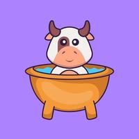 vache mignonne prenant un bain dans la baignoire. concept de dessin animé animal isolé. peut être utilisé pour un t-shirt, une carte de voeux, une carte d'invitation ou une mascotte. style cartoon plat vecteur