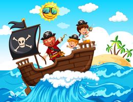 Un pirate et des enfants heureux sur un bateau vecteur