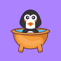 pingouin mignon prenant un bain dans la baignoire. concept de dessin animé animal isolé. peut être utilisé pour un t-shirt, une carte de voeux, une carte d'invitation ou une mascotte. style cartoon plat vecteur