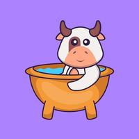 vache mignonne prenant un bain dans la baignoire. concept de dessin animé animal isolé. peut être utilisé pour un t-shirt, une carte de voeux, une carte d'invitation ou une mascotte. style cartoon plat vecteur