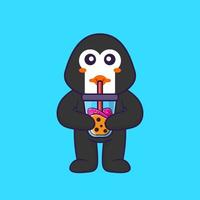 pingouin mignon buvant du thé au lait boba. concept de dessin animé animal isolé. peut être utilisé pour un t-shirt, une carte de voeux, une carte d'invitation ou une mascotte. style cartoon plat vecteur