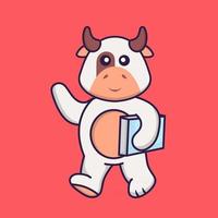 vache mignonne tenant un livre. concept de dessin animé animal isolé. peut être utilisé pour un t-shirt, une carte de voeux, une carte d'invitation ou une mascotte. style cartoon plat vecteur