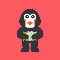 pingouin mignon tenant une carte. concept de dessin animé animal isolé. peut être utilisé pour un t-shirt, une carte de voeux, une carte d'invitation ou une mascotte. style cartoon plat vecteur