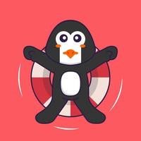 le pingouin mignon nage avec une bouée. concept de dessin animé animal isolé. peut être utilisé pour un t-shirt, une carte de voeux, une carte d'invitation ou une mascotte. style cartoon plat vecteur
